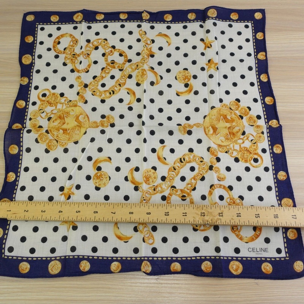 90s VTG CELINE Paris Handkerchief Blue Gold Medallion Chain Dots AUTH Luxe 17x17 - Picture 4 of 11